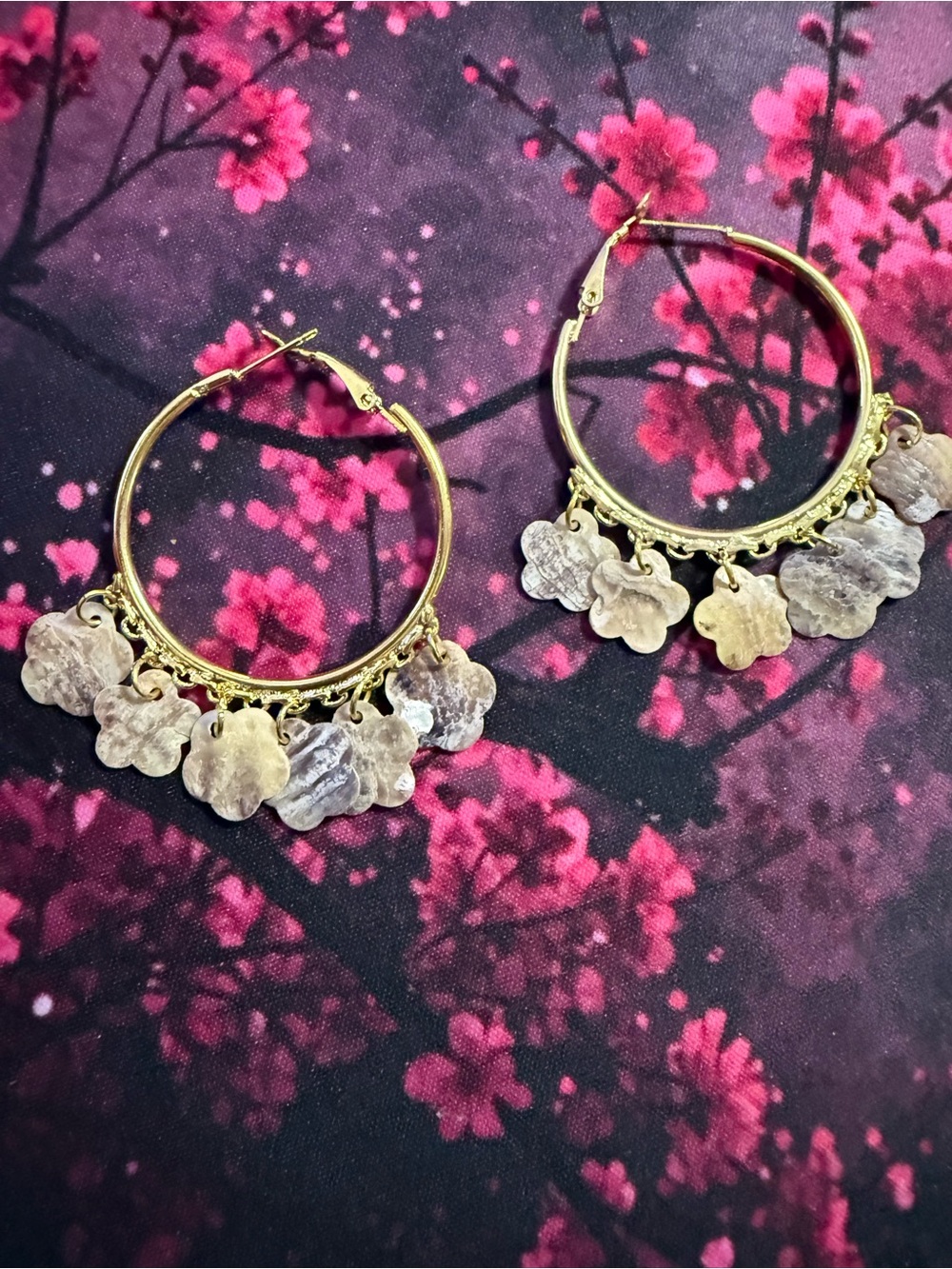 Gold Hoop Earrings with Floral Dangle Charms - Women's Jewelry